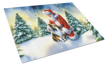 Sheltie and Santa Claus Glass Cutting Board Decorative Tempered Glass Kitchen Cutting and Serving Board Large Size Chopping Board
