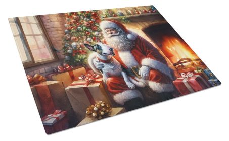 English Bull Terrier and Santa Claus Glass Cutting Board Decorative Tempered Glass Kitchen Cutting and Serving Board Large Size Chopping Board