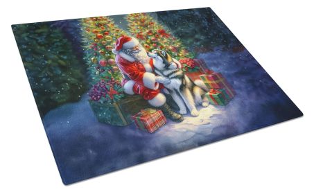 Alaskan Malamute and Santa Claus Glass Cutting Board Decorative Tempered Glass Kitchen Cutting and Serving Board Large Size Chopping Board
